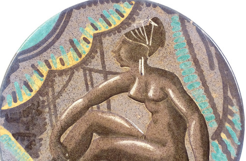 Large earthenware dish Sèvres André Naudy Africanist décor Nude Woman Art Deco