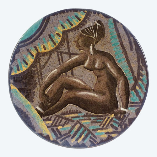 Large earthenware dish Sèvres André Naudy Africanist décor Nude Woman Art Deco