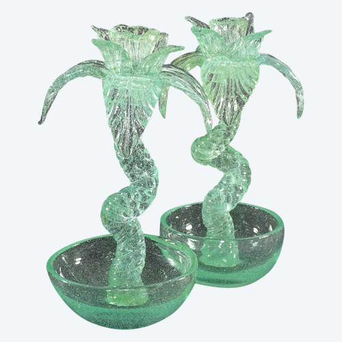 Biot (alpes-maritimes), 1960/1970er Jahre, Paar Kerzenhalter aus geblasenem Glas "Palmen".