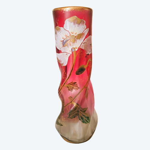 Vase François-Théodore Legras aus emailliertem, gedrehtem Glas mit Blumendekor Anfang des 20.