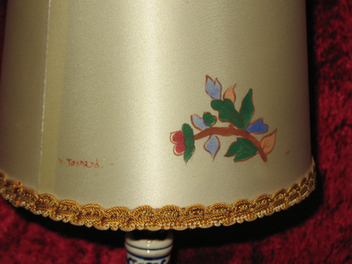 Gien earthenware candlestick lamp decorated with peonies with its original lampshade