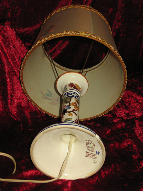 Gien earthenware candlestick lamp decorated with peonies with its original lampshade