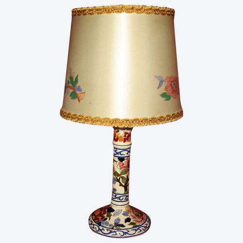 Gien earthenware candlestick lamp decorated with peonies with its original lampshade