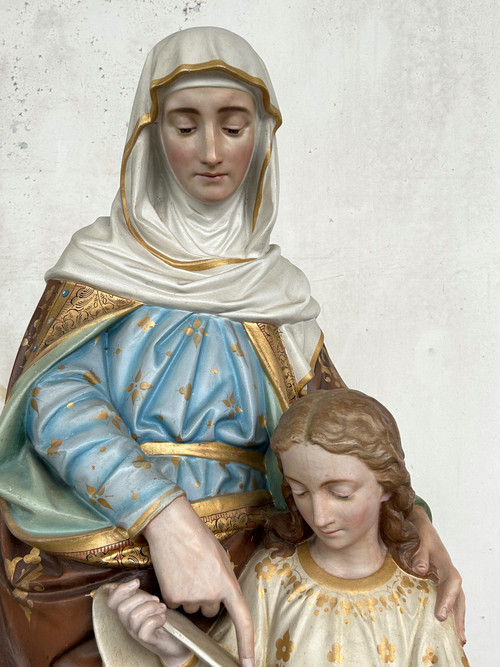 Sainte Anne L’éducation De La Vierge Marie - Grande Sculpture En Terre Cuite Polychrome H 120 