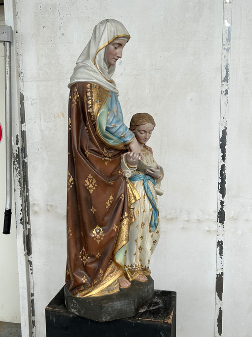 Sainte Anne L’éducation De La Vierge Marie - Grande Sculpture En Terre Cuite Polychrome H 120 