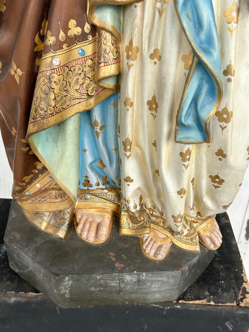 Sainte Anne L’éducation De La Vierge Marie - Grande Sculpture En Terre Cuite Polychrome H 120 