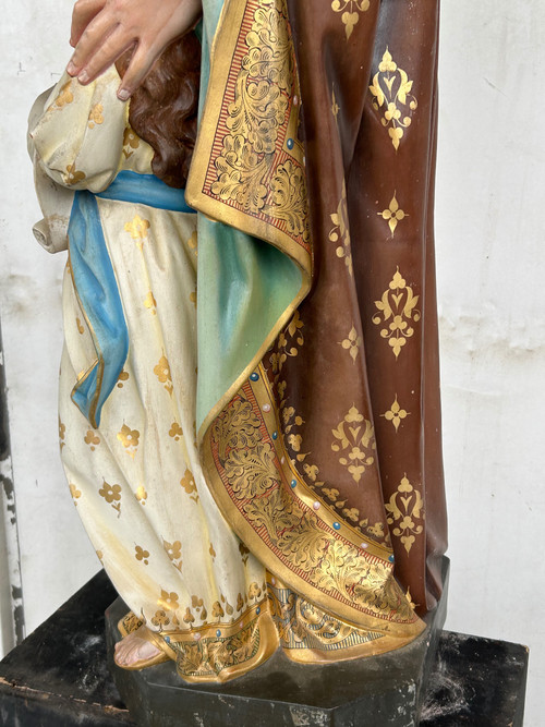 Sainte Anne L’éducation De La Vierge Marie - Grande Sculpture En Terre Cuite Polychrome H 120 