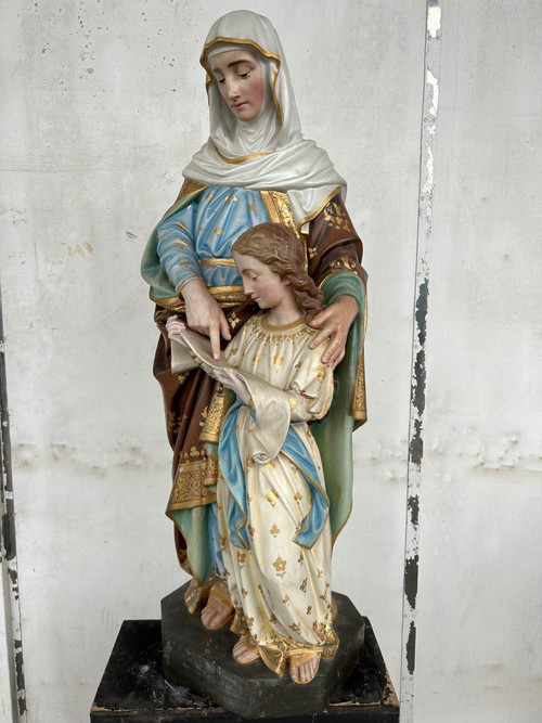 Sainte Anne L’éducation De La Vierge Marie - Grande Sculpture En Terre Cuite Polychrome H 120 