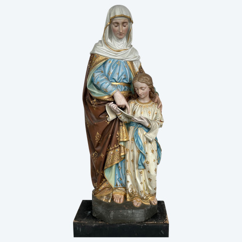 Sainte Anne L’éducation De La Vierge Marie - Grande Sculpture En Terre Cuite Polychrome H 120 
