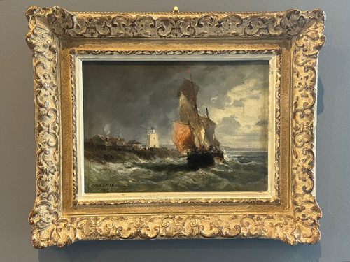 Jules Noel, Huile Sur Panneau Bateau De Pêche Signée (1810 - 1881)