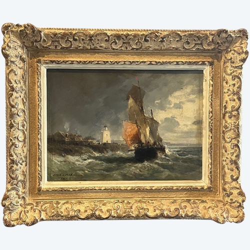 Jules Noel, Huile Sur Panneau Bateau De Pêche Signée (1810 - 1881)