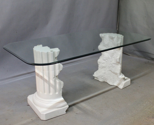 Table à Dessus Verre , Piètement Plâtre Signé Pacini 