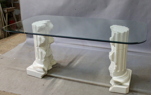 Table à Dessus Verre , Piètement Plâtre Signé Pacini 