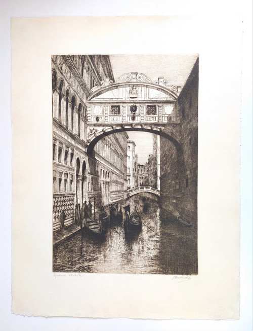  Venice The Bridge Of Sighs Gondolas Etching 20th C Engraving Old Print