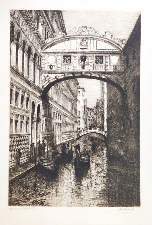  Venice The Bridge Of Sighs Gondolas Etching 20th C Engraving Old Print