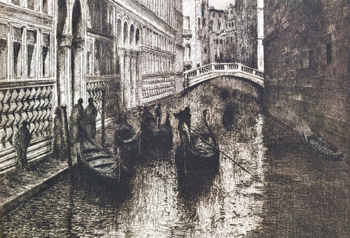  Venice The Bridge Of Sighs Gondolas Etching 20th C Engraving Old Print