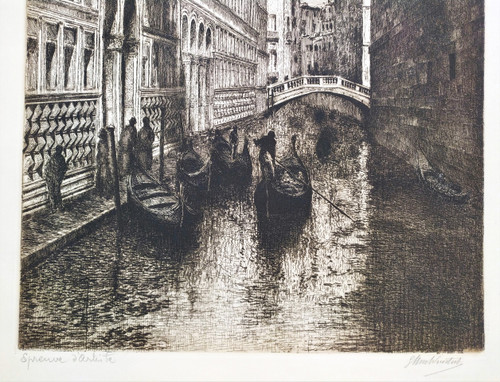  Venice The Bridge Of Sighs Gondolas Etching 20th C Engraving Old Print