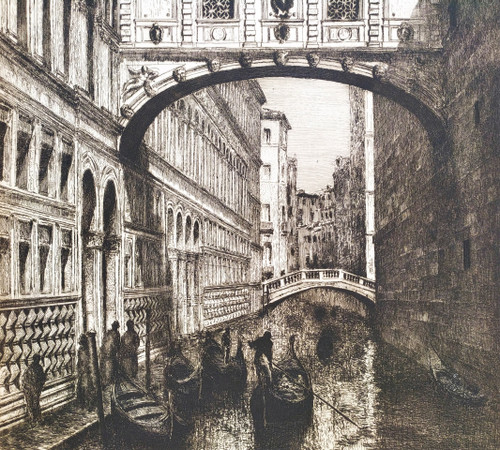  Venice The Bridge Of Sighs Gondolas Etching 20th C Engraving Old Print