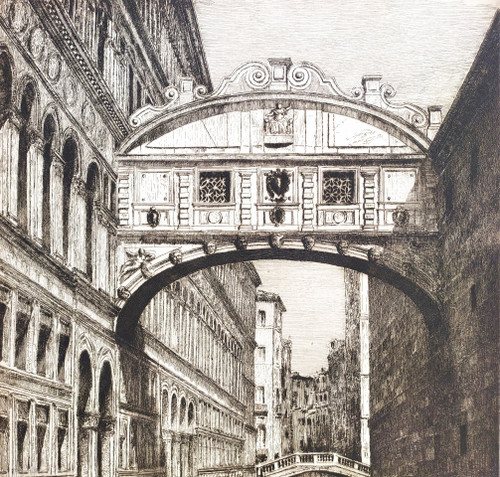  Venice The Bridge Of Sighs Gondolas Etching 20th C Engraving Old Print