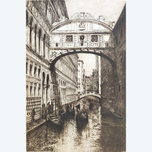  Venice The Bridge Of Sighs Gondolas Etching 20th C Engraving Old Print