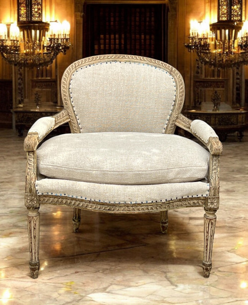 FAUTEUIL D'ENFANT ANCIEN DU XIXe DE STYLE LOUIS XVI EN BOIS PATINÉ REFAIT A NEUF