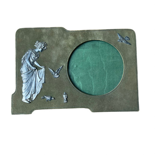Suede Photo Frame with Silver Metal Ornaments - Woman and Doves - Art Nouveau