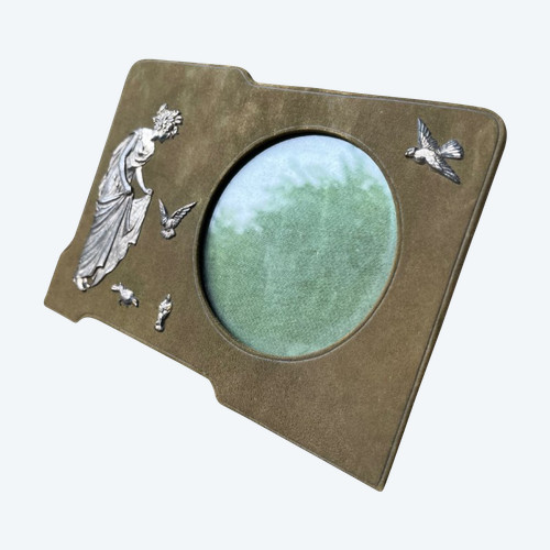 Suede Photo Frame with Silver Metal Ornaments - Woman and Doves - Art Nouveau
