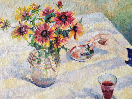   Gemälde Öl auf Leinwand Tote Natur Blumen Aschenbecher Zigarette Tabakologie 20.