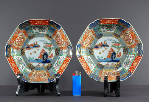 Japan, 1950s, Pair Of Hexagonal Porcelain Cups Decorated With Pagodas.