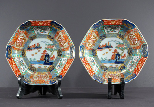 Japan, 1950s, Pair Of Hexagonal Porcelain Cups Decorated With Pagodas.