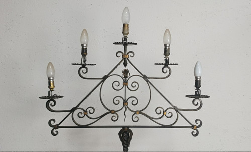 Lampada da terra in ferro battuto con 5 bracci 1940