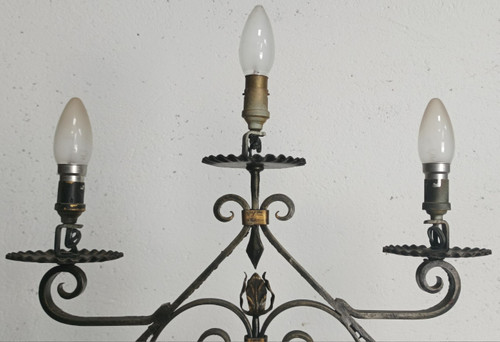 Lampada da terra in ferro battuto con 5 bracci 1940