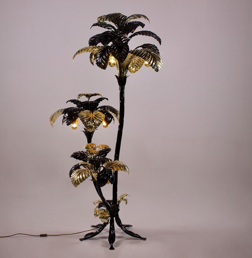 Grande lampada da terra XXL a forma di palma in nero e oro, Hans Kögl.
