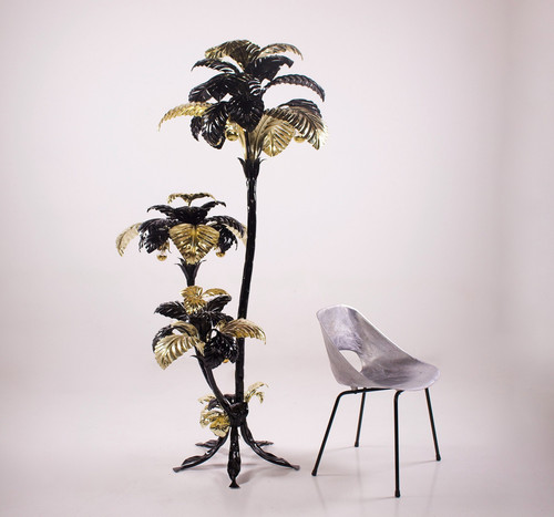 Grande lampada da terra XXL a forma di palma in nero e oro, Hans Kögl.