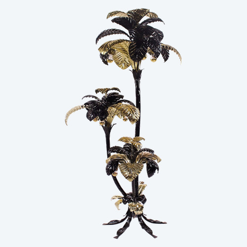 Grande lampada da terra XXL a forma di palma in nero e oro, Hans Kögl.
