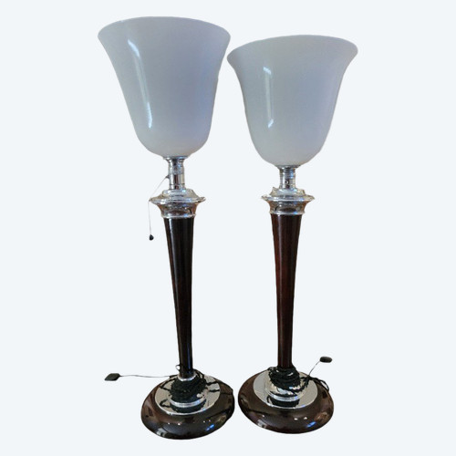 PAIRE DE LAMPES MAZDA 1930 CHROME ALU OPALINE 