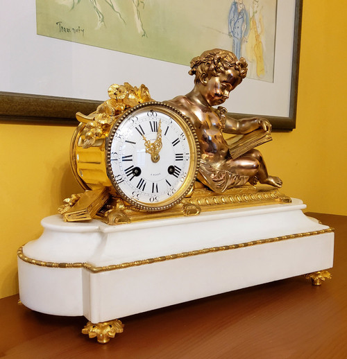 "Putto in Study" Clock in Gilded Bronze and Carrara Marble Signed H.Picard 19th Century