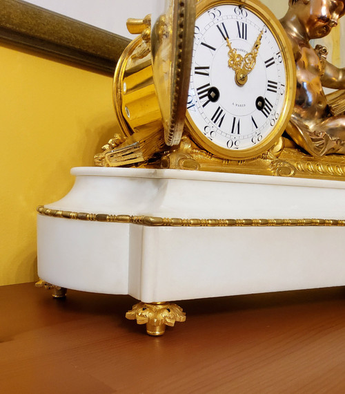 "Putto in Study" Clock in Gilded Bronze and Carrara Marble Signed H.Picard 19th Century