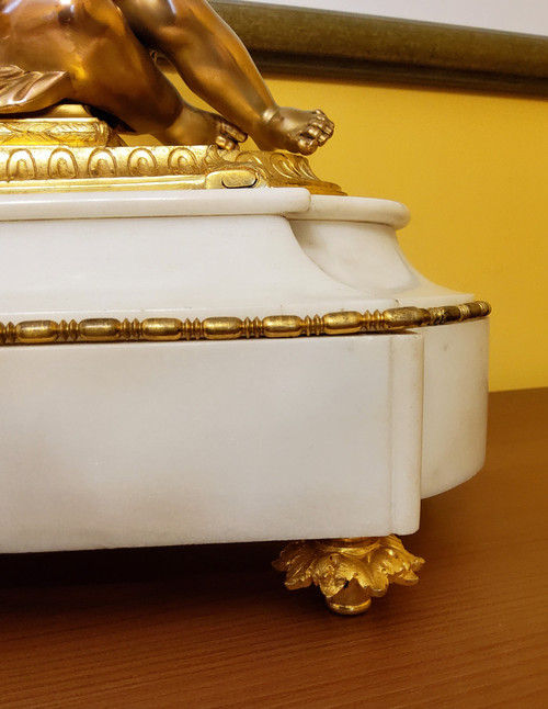 "Putto in Study" Clock in Gilded Bronze and Carrara Marble Signed H.Picard 19th Century