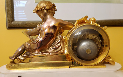 "Putto in Study" Clock in Gilded Bronze and Carrara Marble Signed H.Picard 19th Century