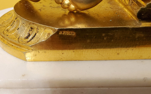 "Putto in Study" Clock in Gilded Bronze and Carrara Marble Signed H.Picard 19th Century
