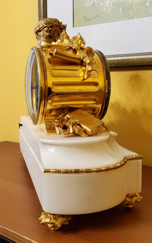 "Putto in Study" Clock in Gilded Bronze and Carrara Marble Signed H.Picard 19th Century