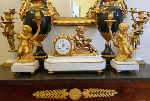 "Putto in Study" Clock in Gilded Bronze and Carrara Marble Signed H.Picard 19th Century