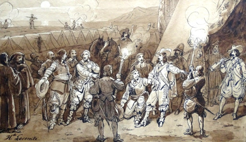 Original drawing by Hippolyte LECOMTE (1781-1857) Dartagnan visiting a soldiers' camp