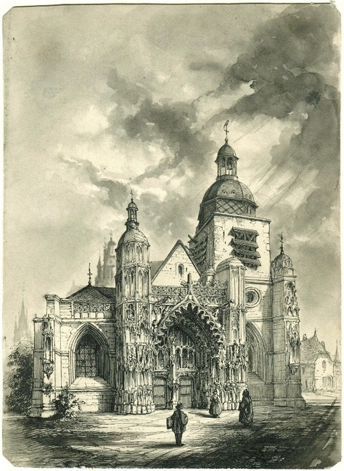 Seltene Originalzeichnung von Peter Hawke (1801–1887). Feder, Tusche und Lavierung, Kirche St. Pierre de Montdidier