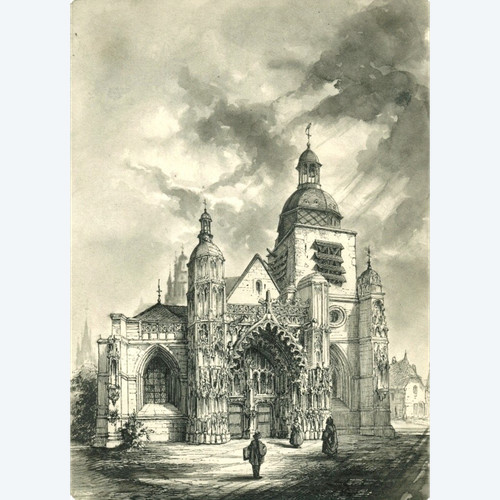 Seltene Originalzeichnung von Peter Hawke (1801–1887). Feder, Tusche und Lavierung, Kirche St. Pierre de Montdidier