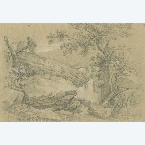 Giovanni SIGNORINI (1808-1864) Paysage animé en  Italie - Dessin original ancien 
