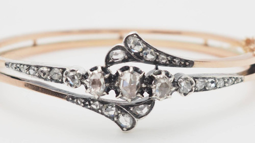 Antico bracciale del XIX secolo in oro rosa e argento con diamanti 