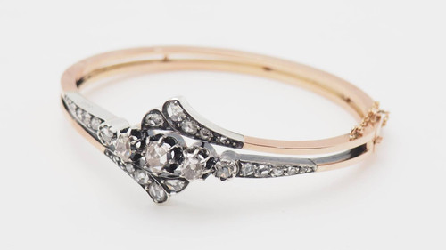 Antico bracciale del XIX secolo in oro rosa e argento con diamanti 