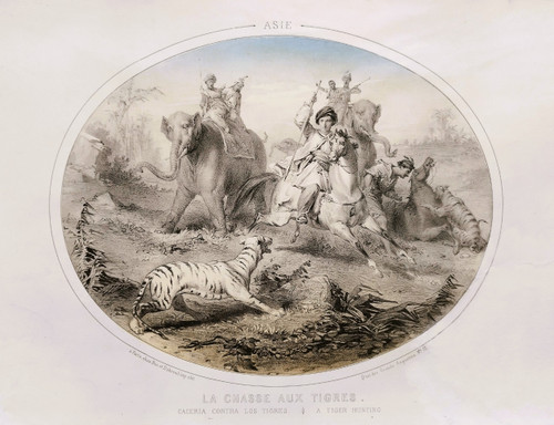 Hunting Horses Four Continents Lithographs Colors By Bès And Dubreuil 19th  C